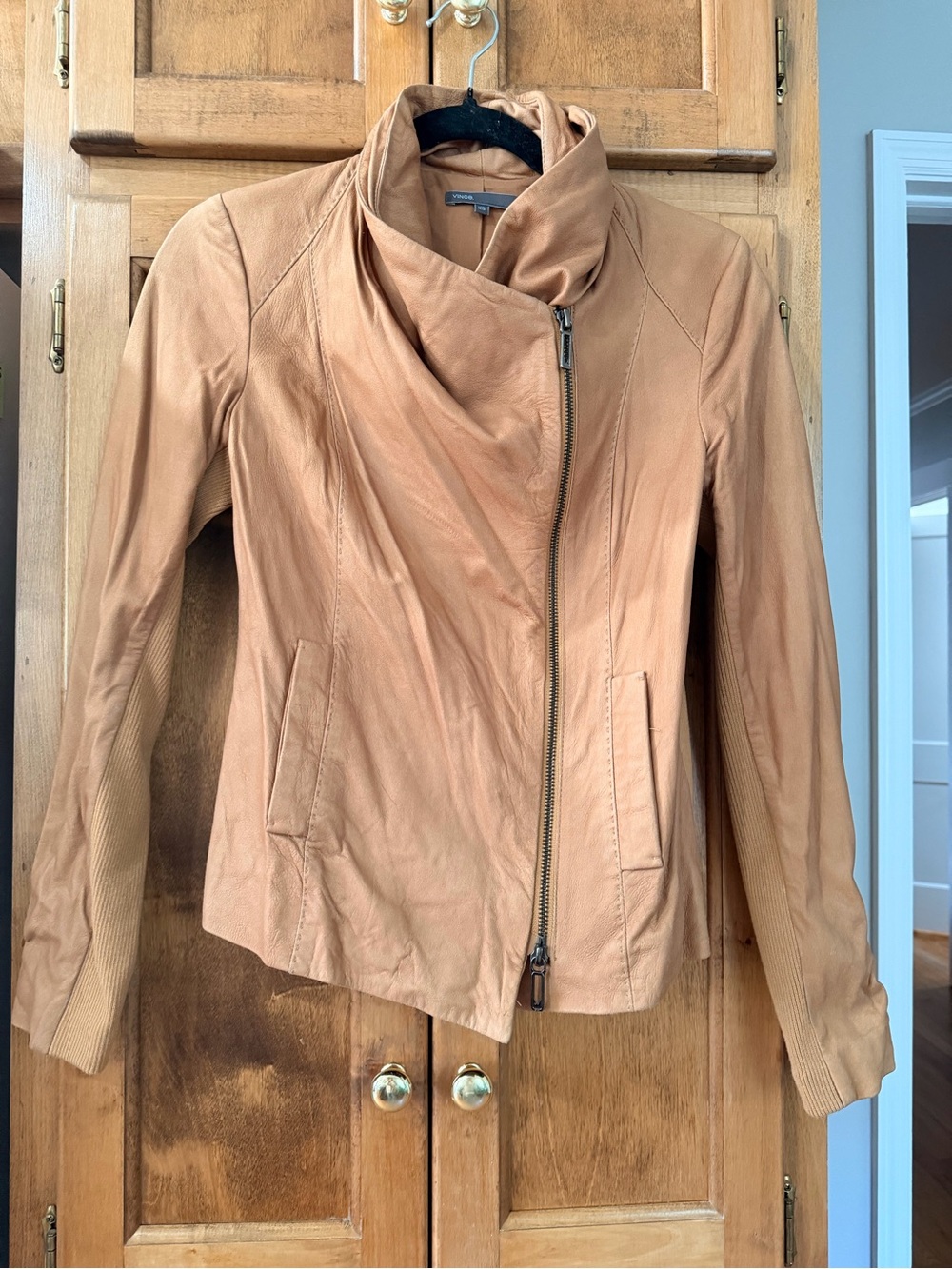 Vince. Camel Tan Leather Asymmetrical Zip Jacket